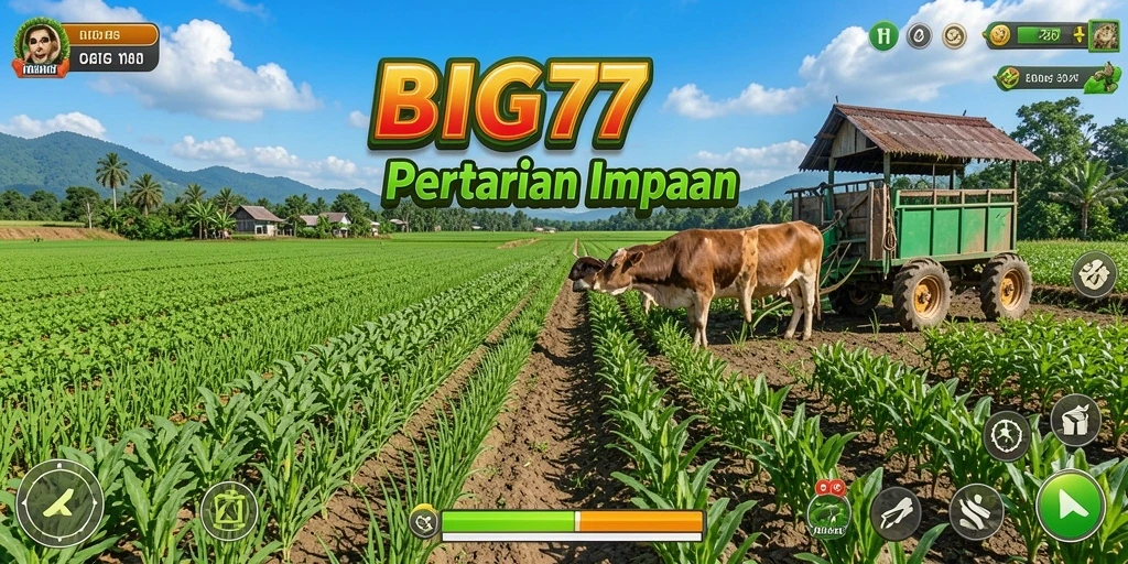 Screenshot gameplay BIG77 menampilkan suasana pertanian yang ceria.