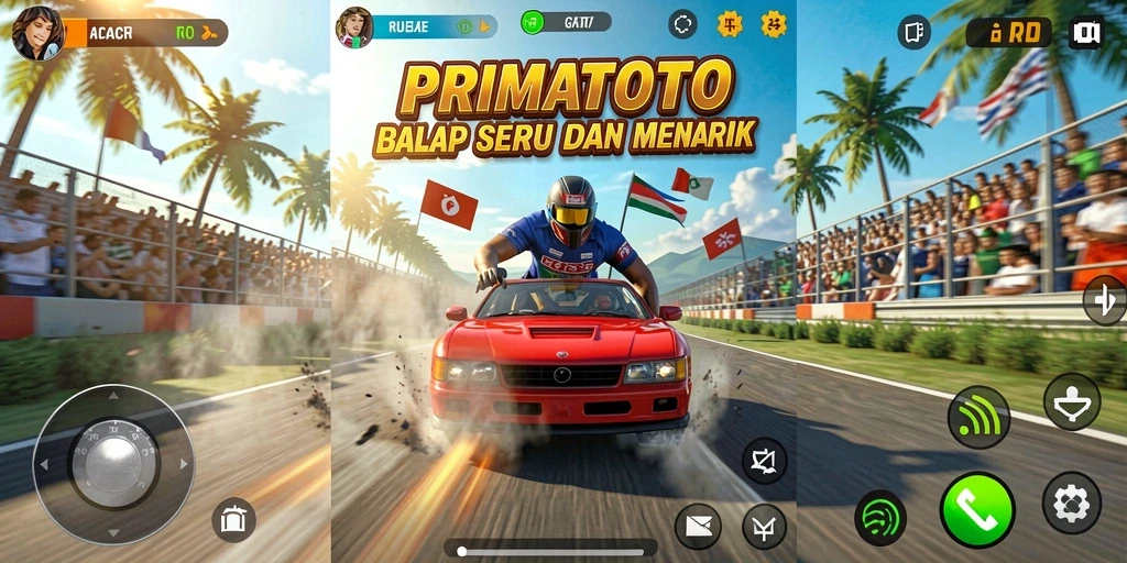 Screenshot gameplay PRIMATOTO yang penuh aksi di lintasan balap.