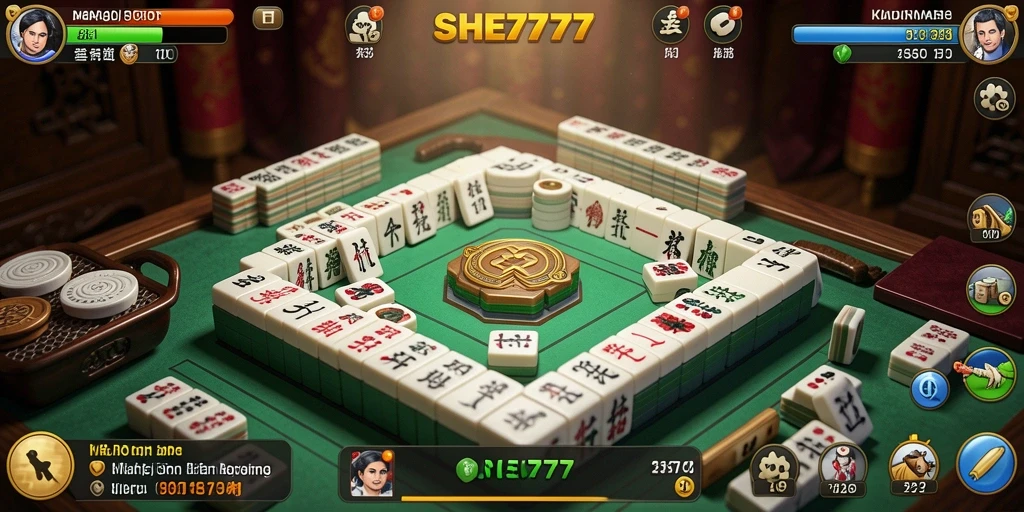 Tampilan gameplay Mahjong yang menarik dari SHE777 dengan ubin yang berwarna-warni.