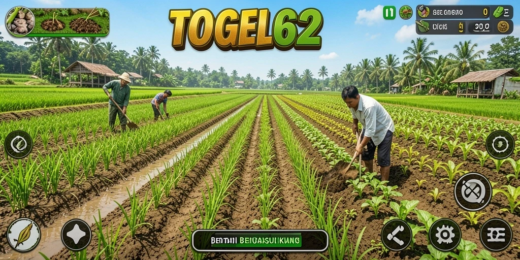 Tampilan gameplay TOGEL62 yang menakjubkan dengan ladang luas dan aktivitas bertani.
