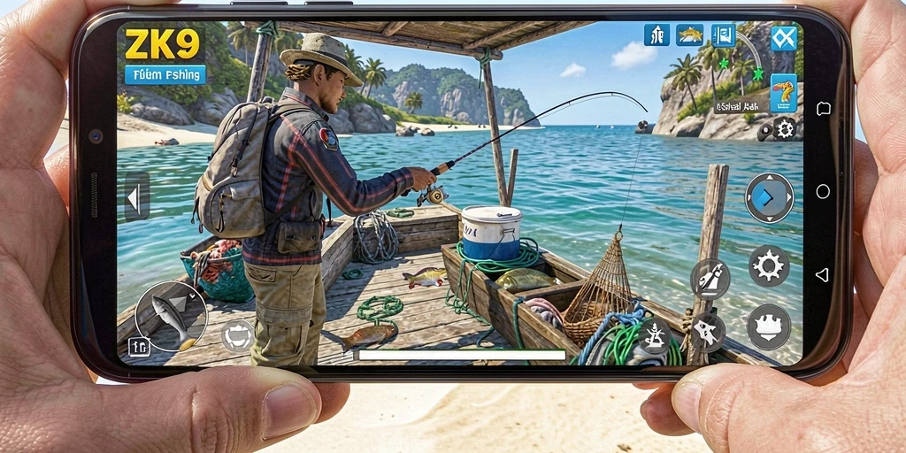 Screenshot gameplay ZK9 yang menampilkan keseruan memancing.